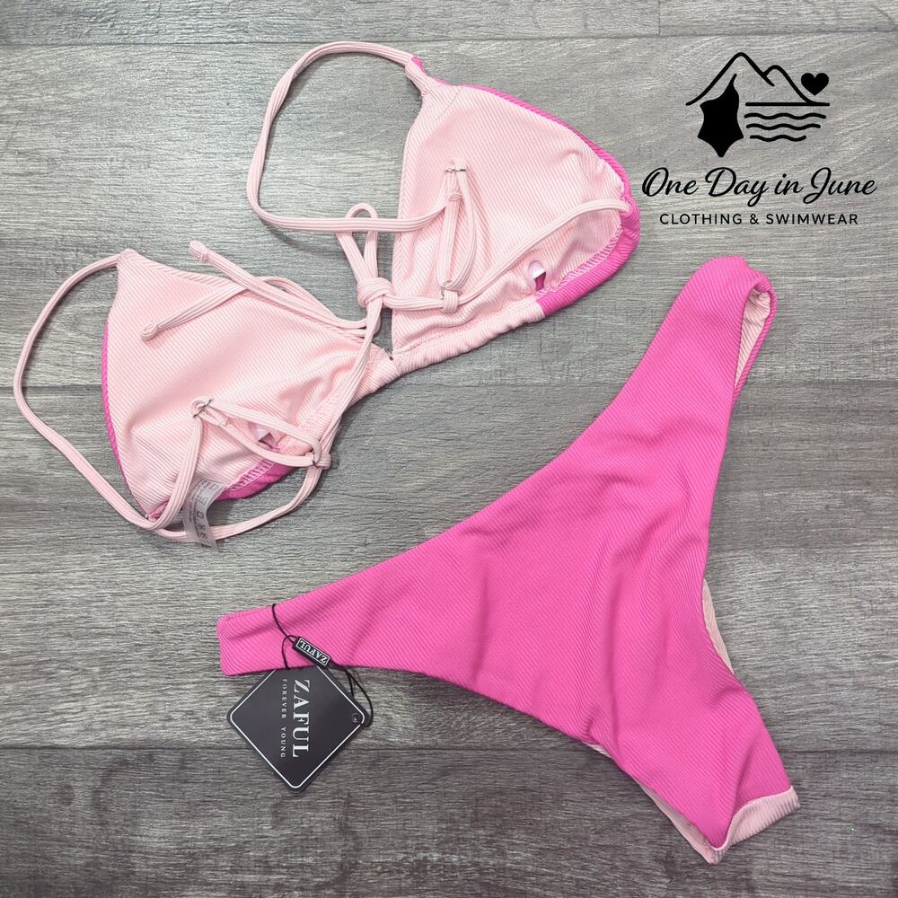 Zaful Triangle Ribbed Color Block Bikini Swimsuit Size M - Picture 5 of 5